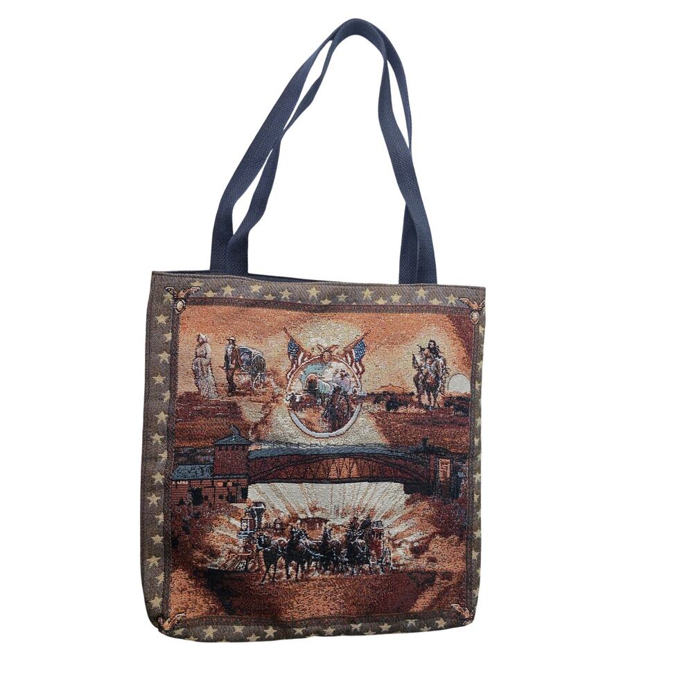 Western Stagecoach Cowboy Tapestry Brown Tote Bag Top Handle
